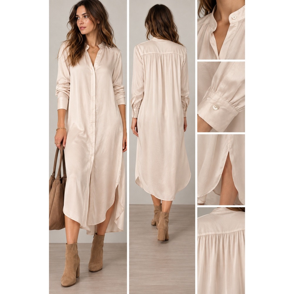 AllSaints Agga Shirt Dress S Cream Silky Midi Long Sleeve Minimalist Luxe